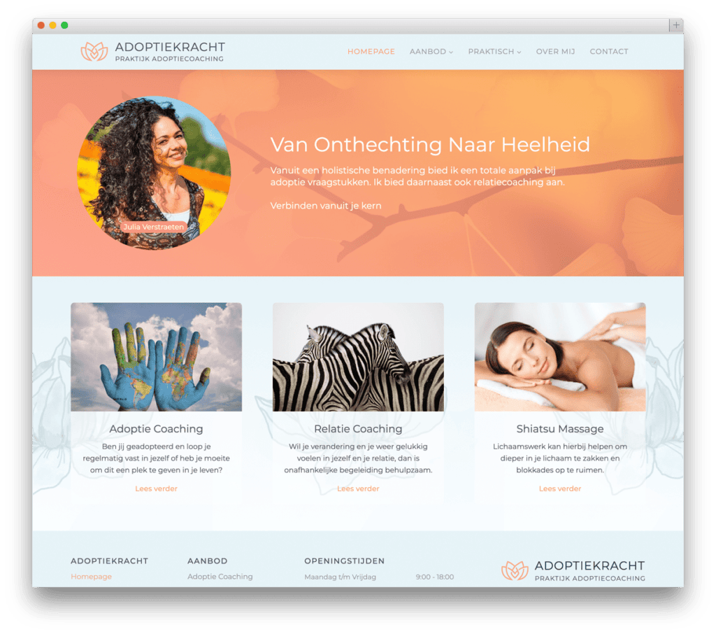 Website van Adoptiekracht met coaching en massage services.