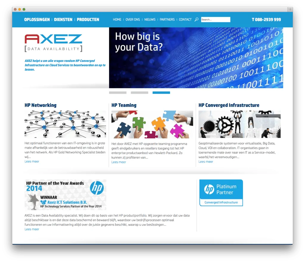 AXEZ website met dataoplossingen en HP-partnerinformatie.