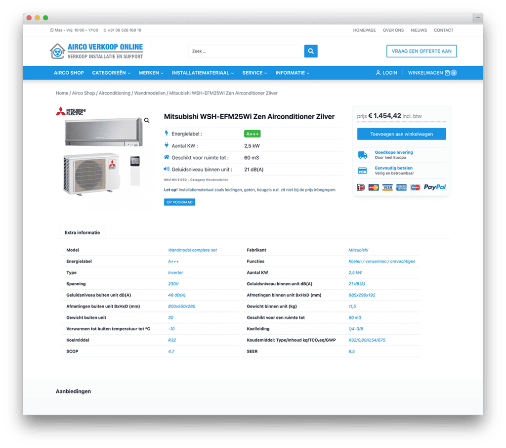 Mitsubishi airconditioner, A+++ label, 2,5 kW, zilver.
