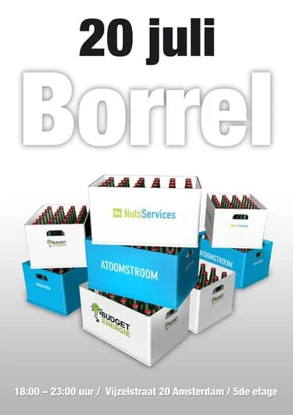 Aankondiging borrel 20 juli Amsterdam met drankkratten.