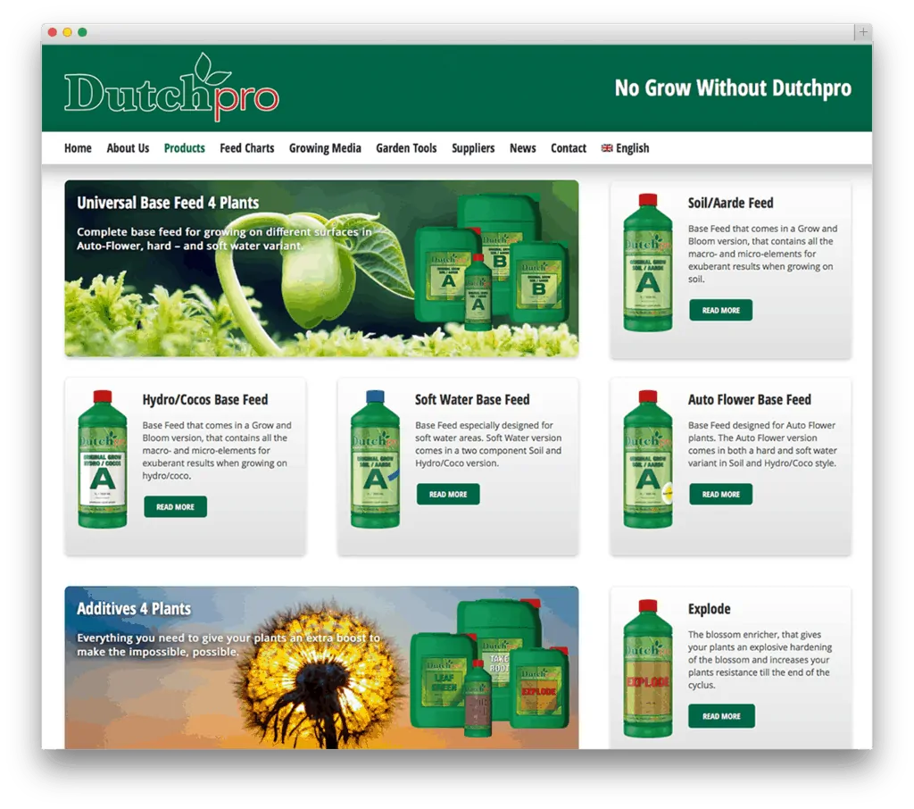 Dutchpro plantenvoeding productenoverzicht op website.