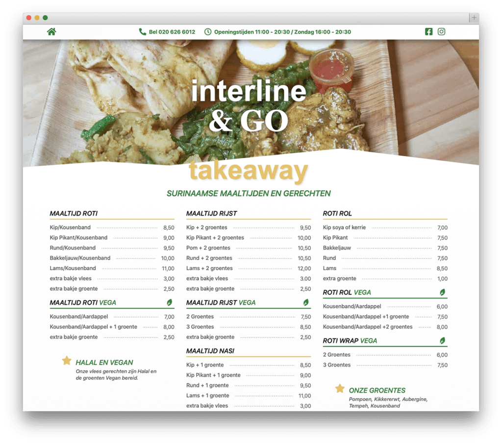 Surinaamse maaltijden afhaalmenu met roti en rijst.