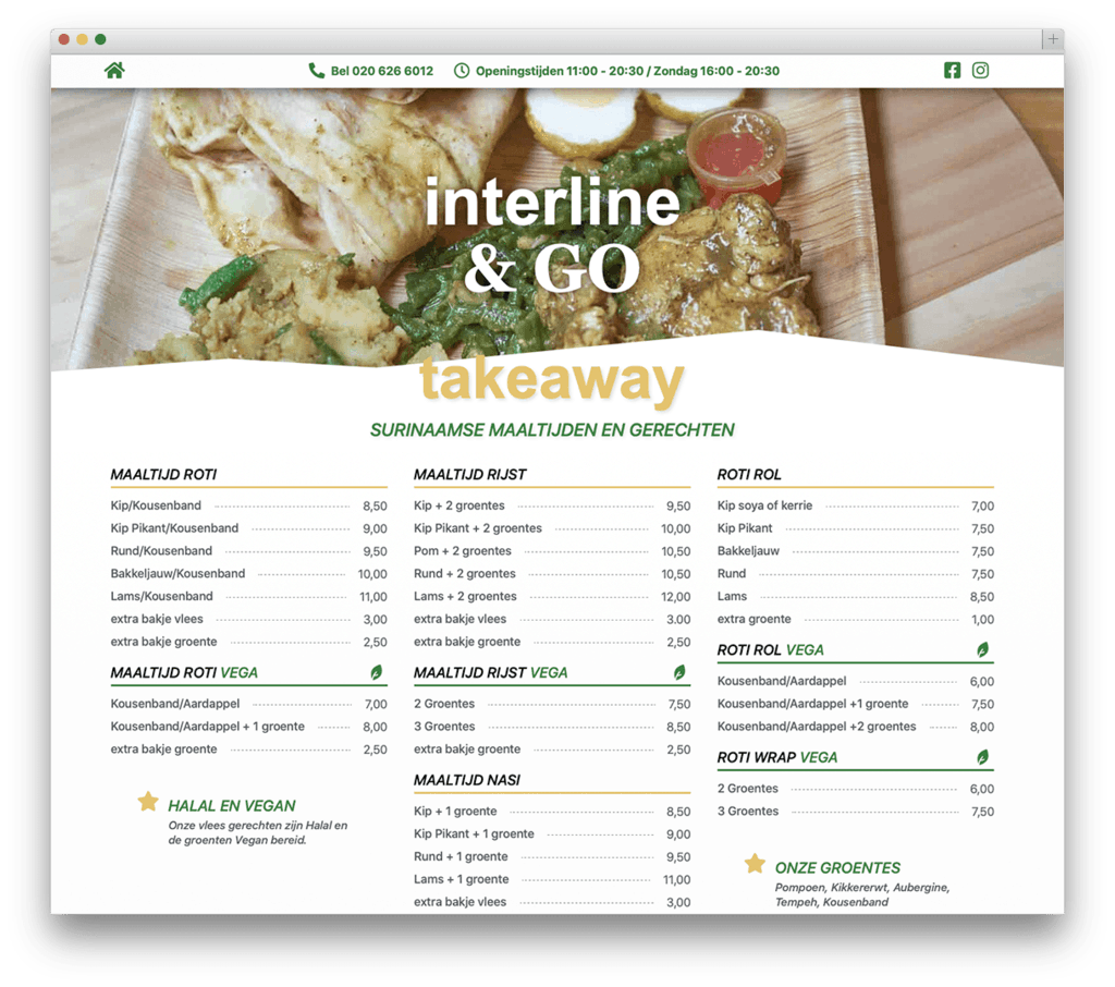 Surinaamse maaltijden afhaalmenu met roti en rijst.