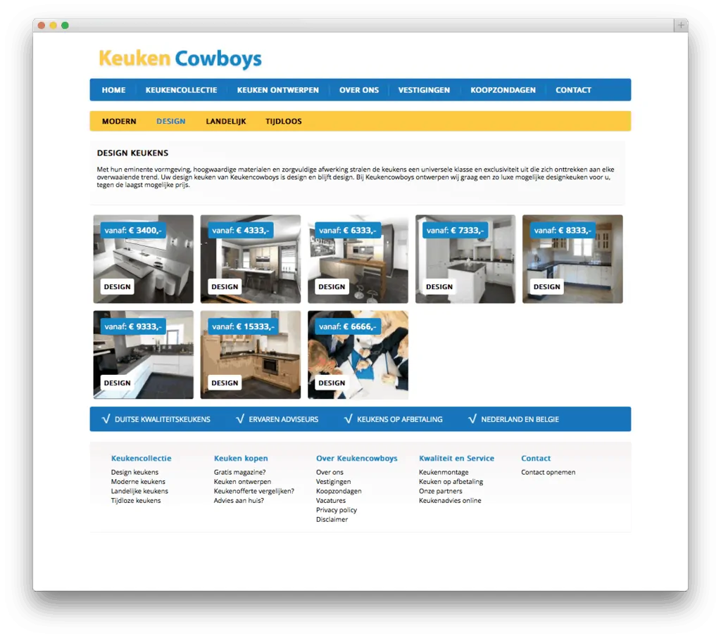 KeukenCowboys website met design keukens en prijzen.