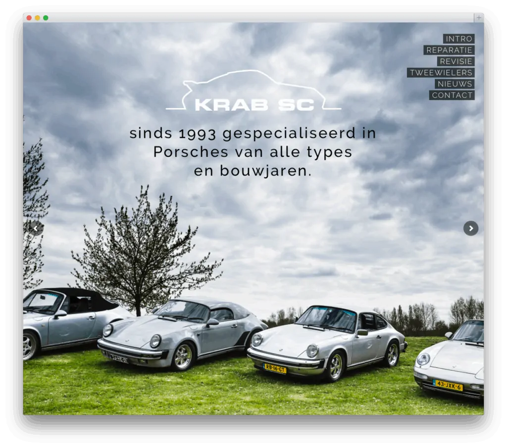 Vier klassieke Porsches geparkeerd op grasveld.