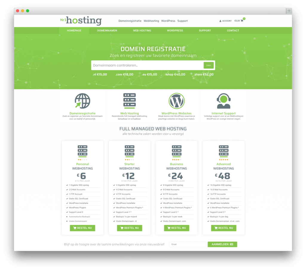 Domeinregistratie en webhosting diensten overzicht.