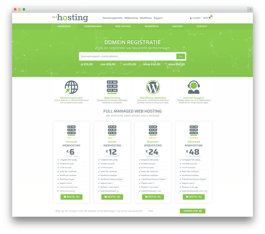 Domeinregistratie en webhosting diensten overzicht.