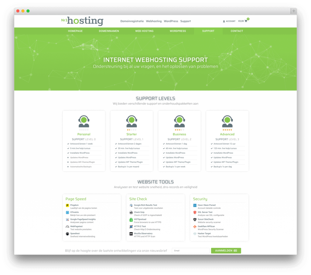Webhosting met diverse ondersteuningsniveaus en website-tools.