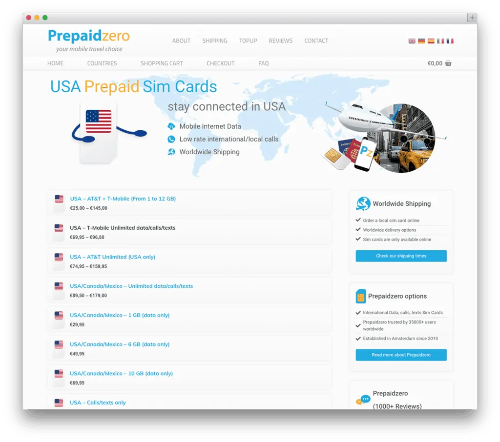 Website voor Amerikaanse prepaid simkaarten, wereldwijd verzonden.
