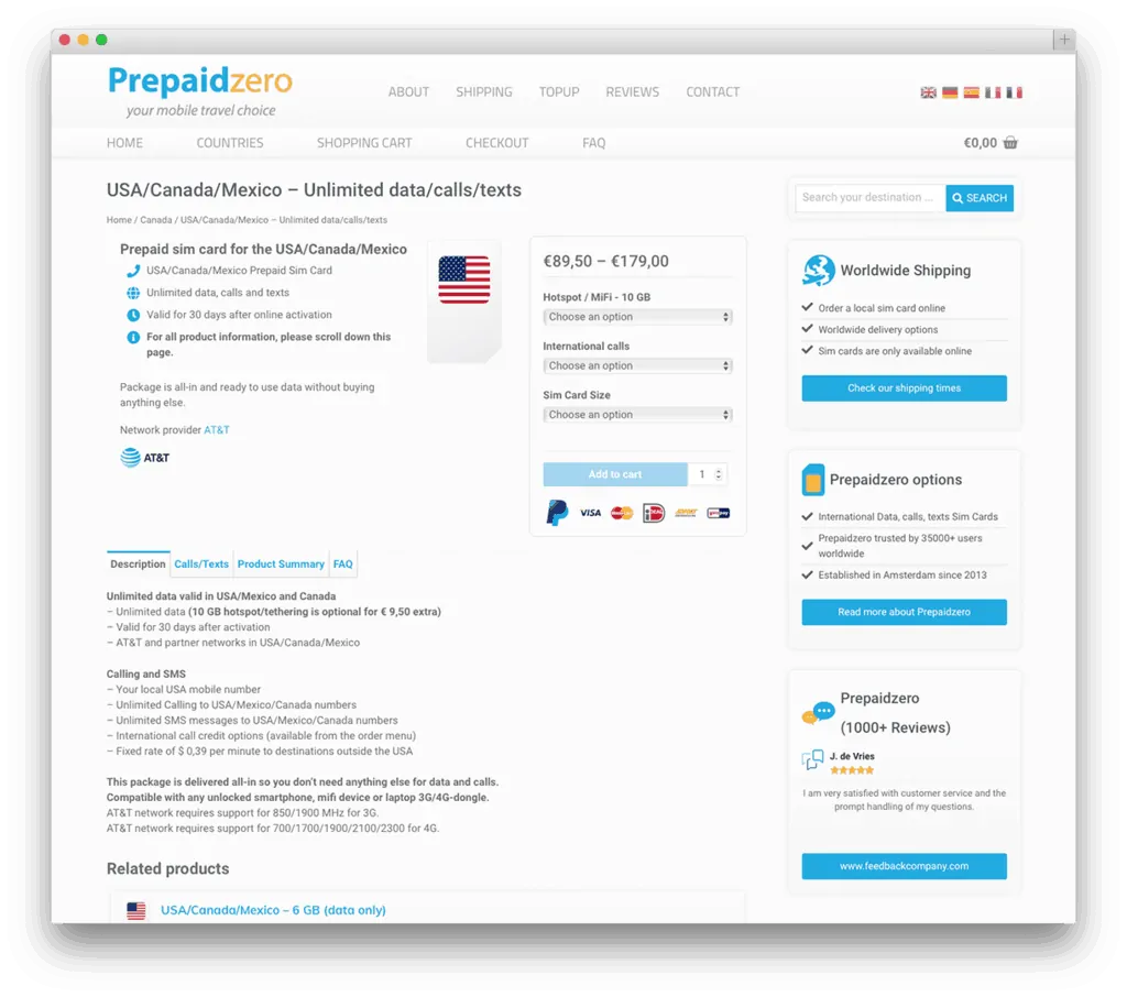 Prepaid SIM-kaart voor USA, Canada, Mexico met onbeperkte data.