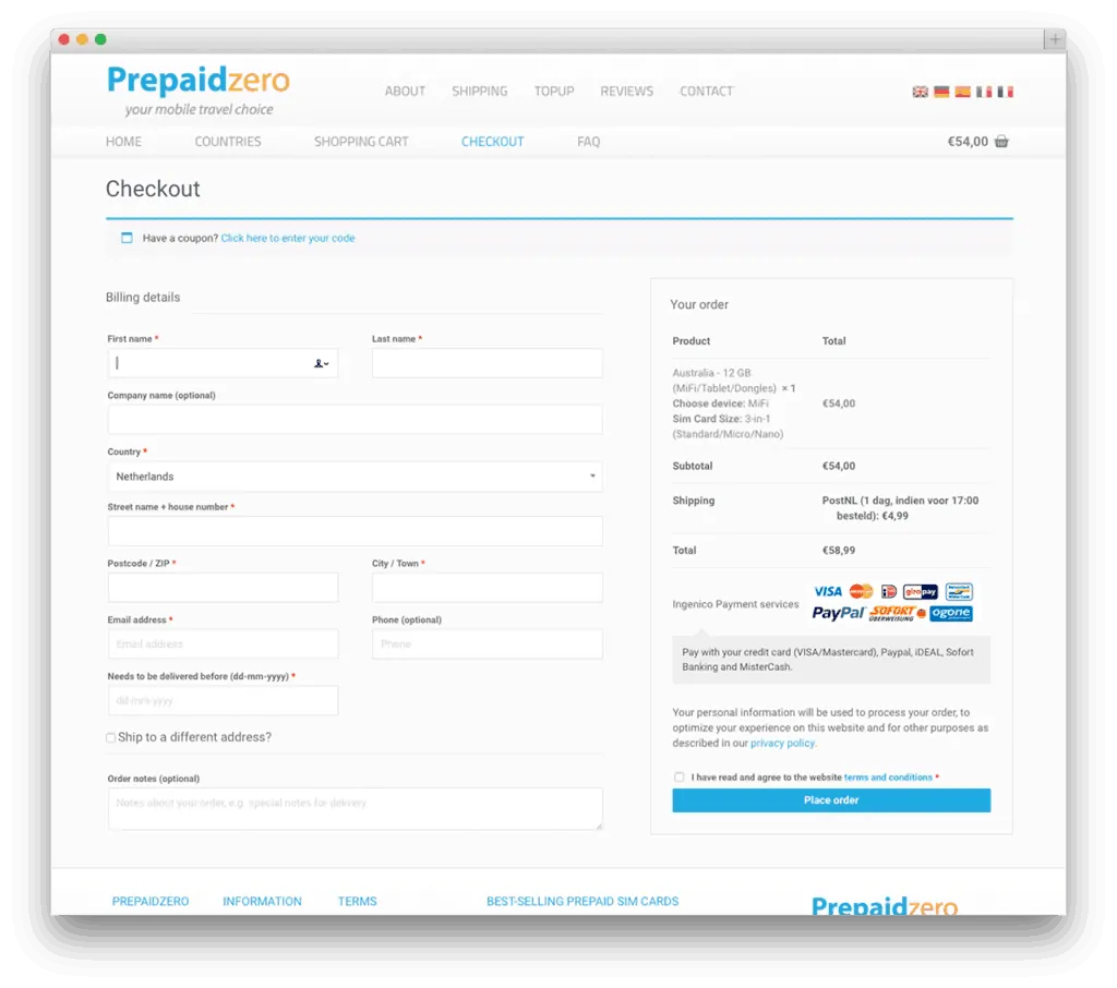 Afrekenpagina voor Prepaidzero mobiele reiskaarten.