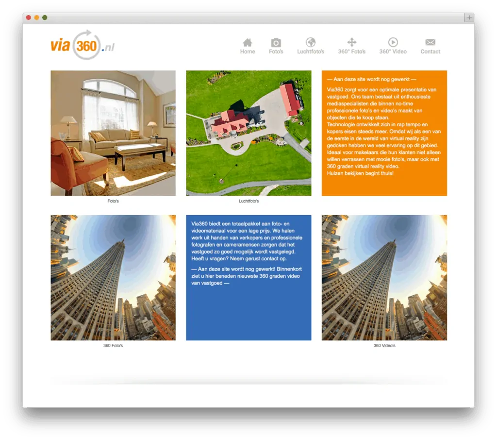 Website met via360 diensten en beelden van vastgoed.