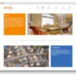 Website overzicht met interieur- en luchtfoto's.